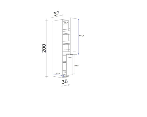 Technische Zeichnung eines Hochschranks mit Maßen.