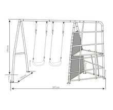 Schéma technique d''une aire de jeux avec deux balançoires et un mur d''escalade, dimensions : 190, 191 et 287 centimètres.