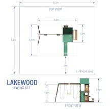 Draufsicht und Vorderansicht einer Lakewood Schaukel mit Abmessungen