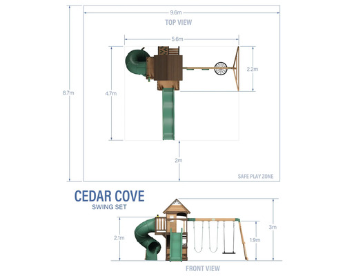 Ansichten und Abmessungen des Cedar Cove Schaukel Sets