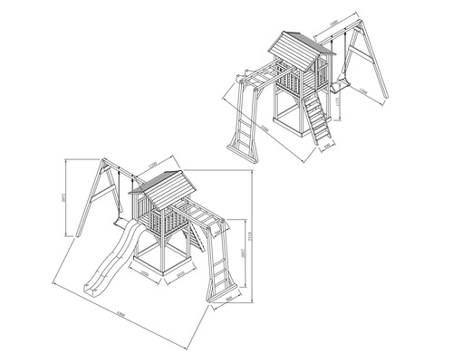Technische Zeichnung eines Spielturms mit Rutsche und Schaukel