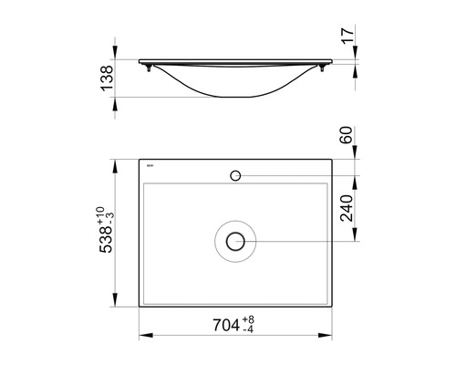 Technische Zeichnung eines Waschtischs mit Maßangaben