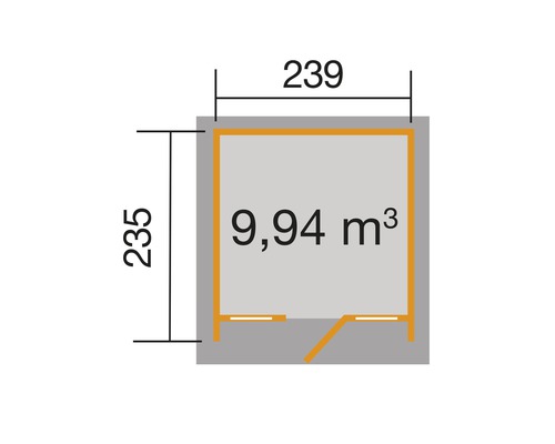 Plan avec dimensions : 235 x 239 cm et volume de 9,94 mètres cubes