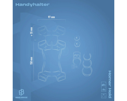Support de téléphone avec dimensions, 150 mm de hauteur, 97 mm de largeur, matériel de fixation inclus