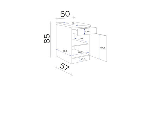 Dessin technique d''un meuble bas avec tiroir et porte, dimensions incluses