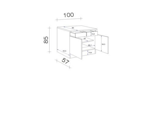 Dessin technique d''un meuble sous-lavabo avec les dimensions.