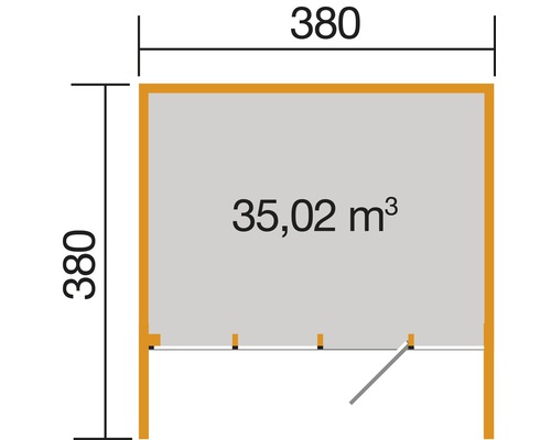 Plan avec dimensions 380 x 380 centimètres et volume de pièce 35,02 mètres cubes