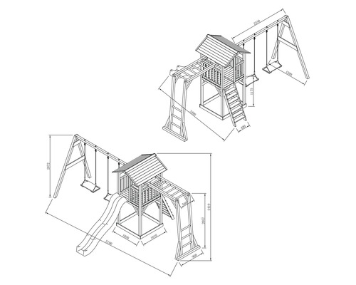 Technische Zeichnung vun engem Spillplaz mat Schaukel, Kletterturm a Rutsch mat Moossangaben