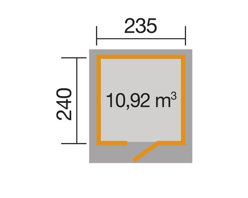 Plan avec des dimensions de 235 x 240 cm et un volume de 10,92 mètres cubes
