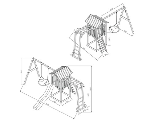 Technische Zeichnung eines Spielturms mit Schaukel und Rutsche mit Maßangaben