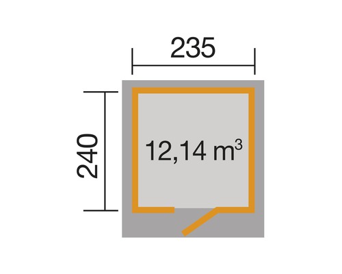 Grundrisszeichnung mit den Maßen 235 x 240 und einem Volumen von 12,14 Kubikmetern