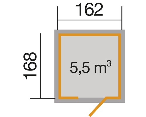 Grundriss mit den Massen 162 mal 168 und einem Volumen von 5,5 Kubikmetern
