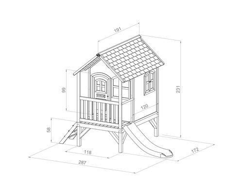 Dessin technique d''une cabane de jeu avec dimensions