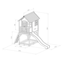 Dessin technique d''une cabane de jeu avec toboggan et bac à sable avec dimensions