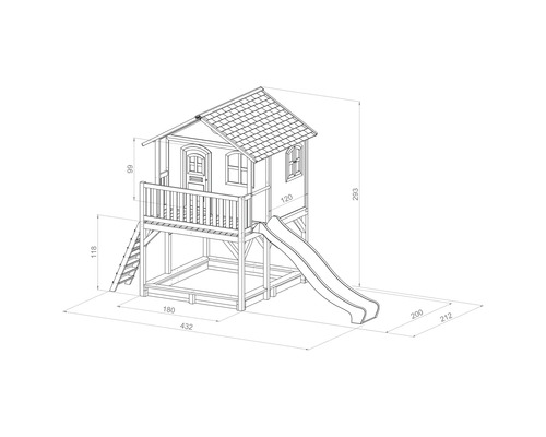Illustration d''une cabane de jeu avec toboggan et bac à sable avec dimensions
