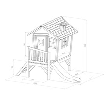Dessin technique d''une cabane de jeu avec toboggan et dimensions