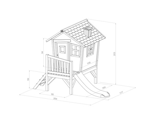 Schéma technique d''une cabane de jeu avec toboggan et dimensions