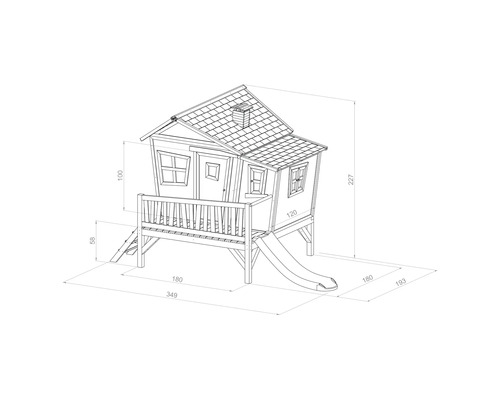 Spielhaus-Dimensionen mit Rutsche, Treppe und Geländer.