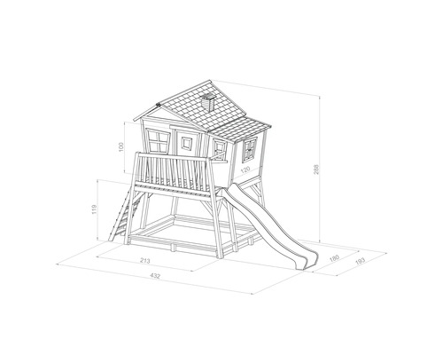 Image d''une cabane de jeu avec toboggan et échelle avec dimensions.