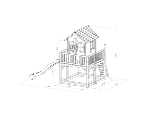 Illustration eines Spielhauses mit Rutsche und Sandkasten mit Maßangaben