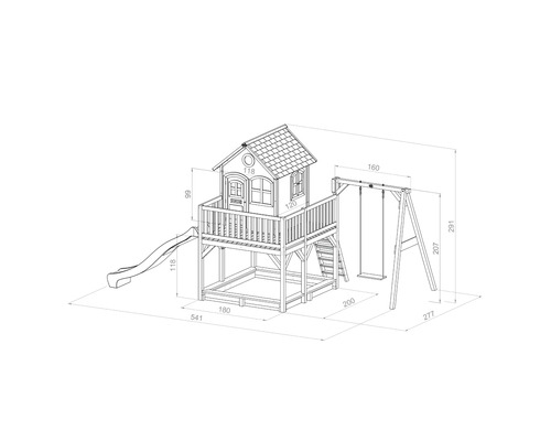 Technische Zeichnung eines Spielhauses mit Rutsche, Sandkasten und Schaukel mit Maßangaben.