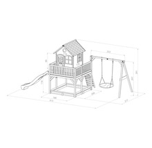 Illustration d''une cabane de jeu avec toboggan et balançoire avec dimensions