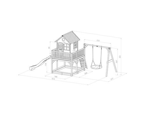 Illustration d''une cabane de jeu avec toboggan et balançoire avec dimensions