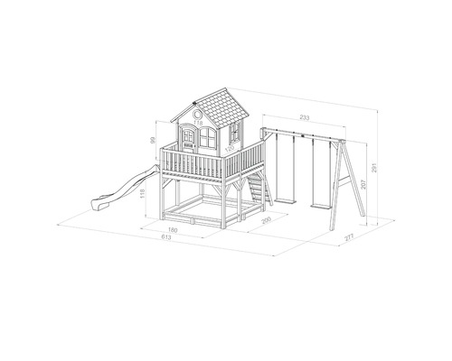 Maisonnette avec balançoire et toboggan avec dimensions