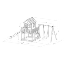Schéma d''une cabane de jeux avec toboggan et balançoire avec dimensions