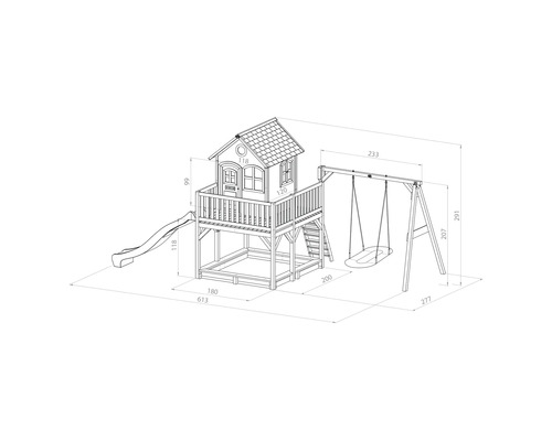 Technische Zeichnung eines Spielturms mit Rutsche, Schaukel und Sandkasten.