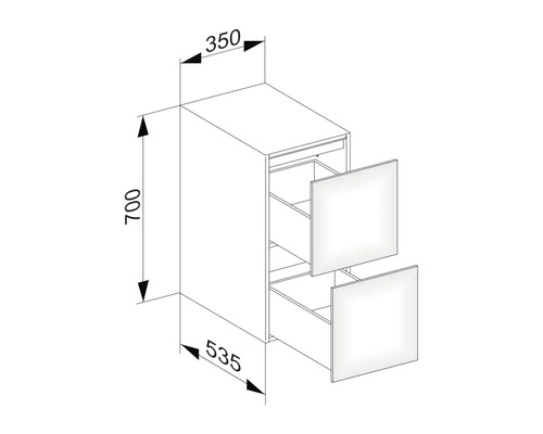 Dessin d''un meuble bas avec tiroirs et indications de dimensions