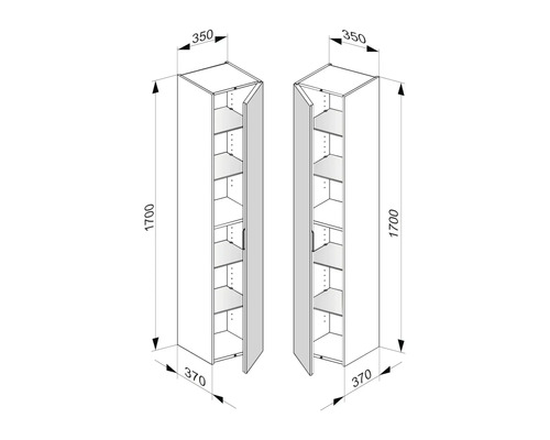 Technische Zeichnung von zwei Hochschränken mit den Maßen 1700 x 350 x 370 Millimeter.