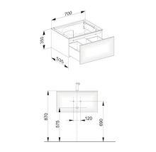 Schéma technique d''un meuble sous-lavabo avec dimensions