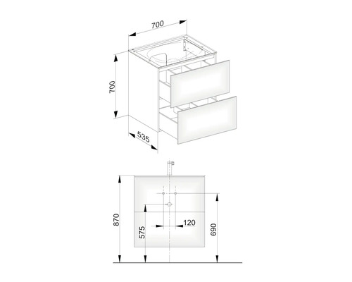 Schéma d''un meuble sous-vasque avec dimensions