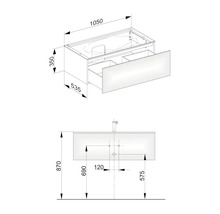 Schéma technique d''un meuble sous-lavabo avec tiroirs et indications de dimensions.