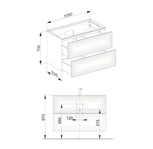 Schéma d''un meuble sous-vasque avec tiroirs et dimensions