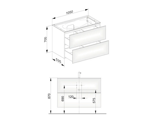 Schéma d''un meuble sous-vasque avec tiroirs et dimensions