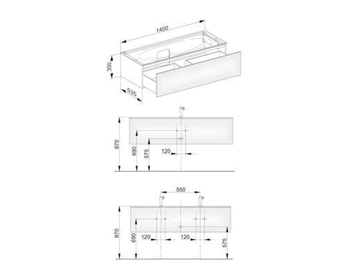 Schéma technique d''un meuble sous-lavabo avec dimensions