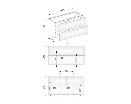 Dessin d''un meuble sous-lavabo avec dimensions