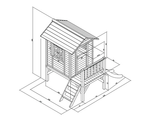 Cabane de jeux sur pilotis axi Lodge 240 x 167 cm bois bleu avec toboggan rouge