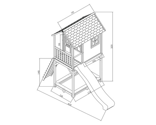 Dessin d''une cabane de jeu avec toboggan et indications de taille