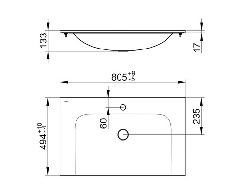 Technische Zeichnung eines Waschtisches mit Maßangaben