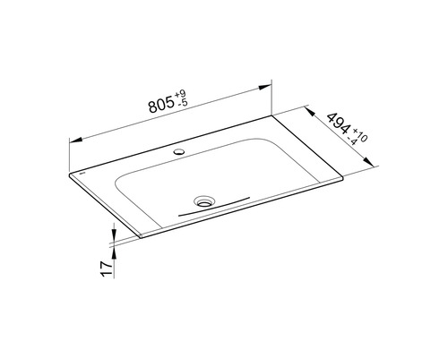 Technische Zeichnung eines Waschtisches mit Maßangaben
