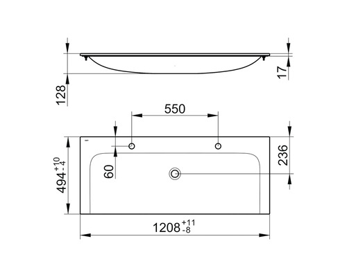Technische Zeichnung eines Waschtisches mit Maßangaben