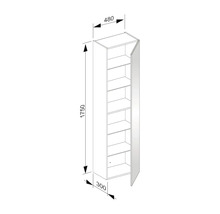Schéma technique d''une armoire haute avec porte et étagères, dimensions 1750 x 480 x 300 millimètres
