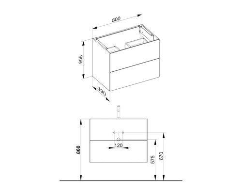 Schéma technique d''un meuble sous-lavabo avec dimensions