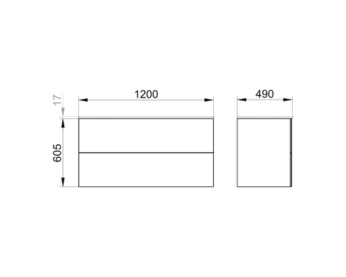 Schéma coté d''un meuble sous-lavabo mesurant 1200 x 605 x 490 mm.