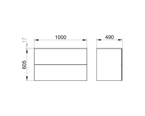 Schéma d''un meuble sous-lavabo avec indications de dimensions.