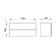 Schéma technique d''un meuble sous-lavabo avec des dimensions de 1200 x 605 x 490 mm.