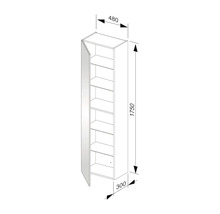 Schéma technique d''une armoire haute avec porte et plusieurs étagères, avec des dimensions en millimètres